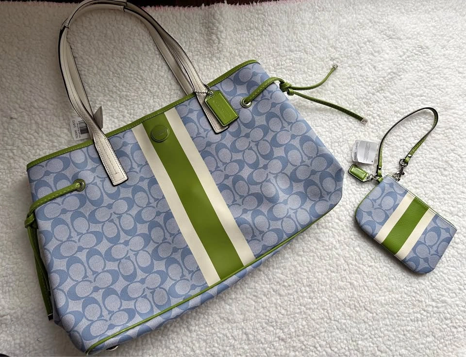 NWT Coach Blue White Green Signature Canvas Carryall Tote Wristl