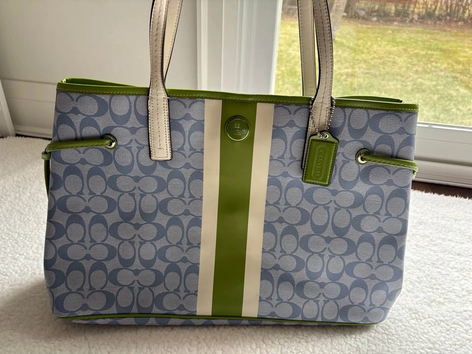 NWT Coach Blue White Green Signature Canvas Carryall Tote Wristl - photo 2