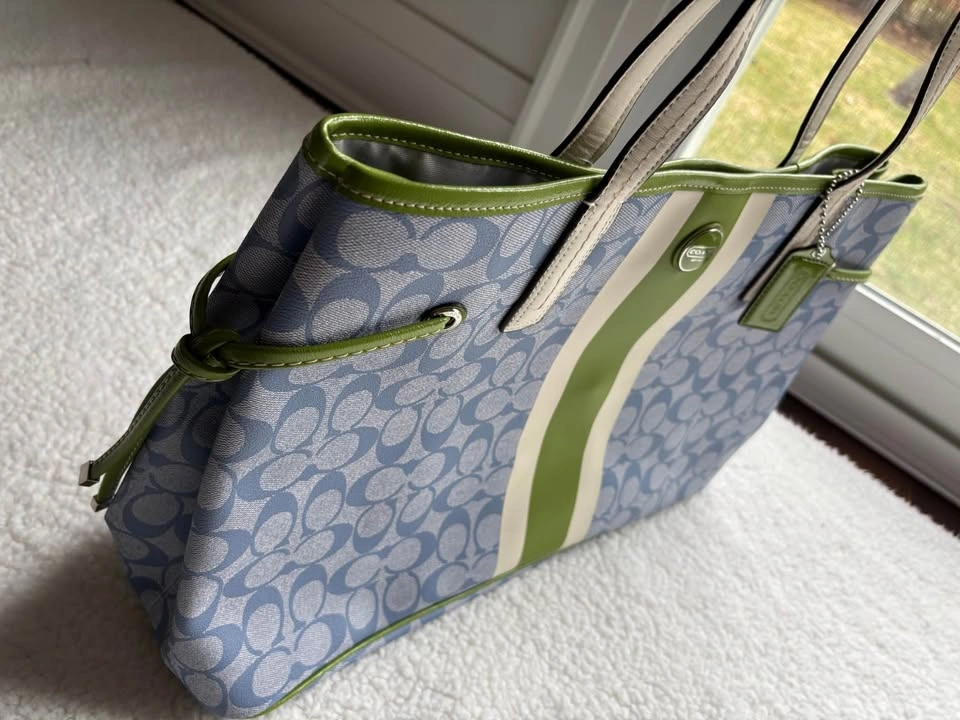 NWT Coach Blue White Green Signature Canvas Carryall Tote Wristl - photo 3