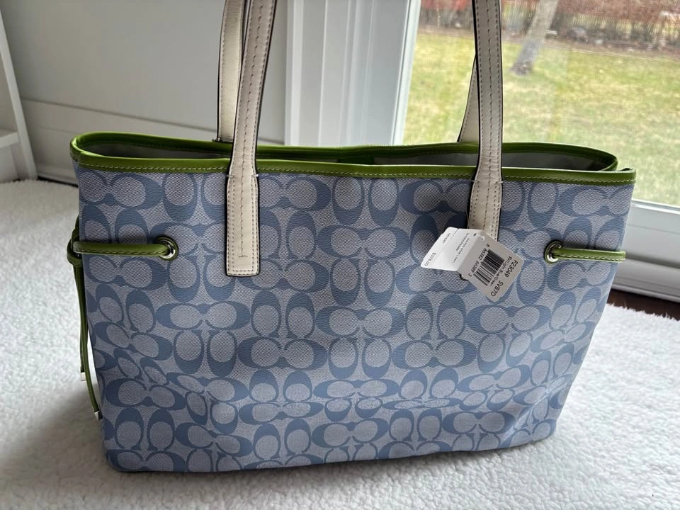 NWT Coach Blue White Green Signature Canvas Carryall Tote Wristl - photo 4