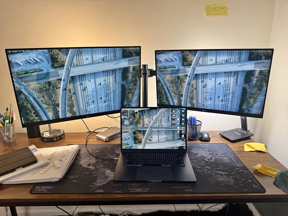 LG Dual Monitor Setup with Desk Arm, Cables, Stands