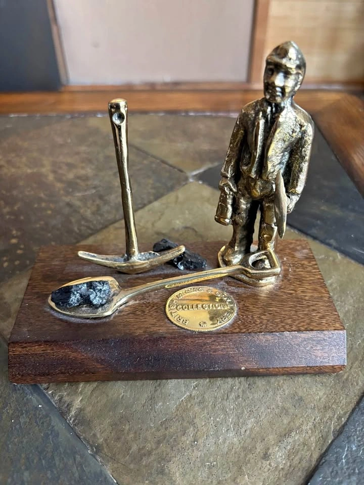Brass Miners Vintage Figure Wood Base Colliery Pit Coal Model Pi