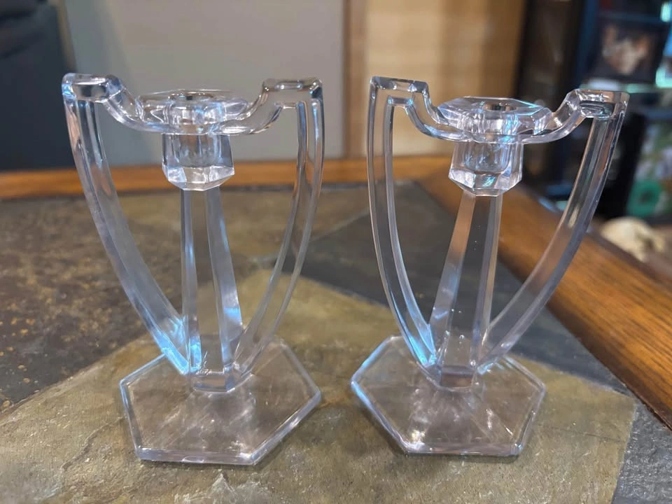 Candle Holders Jefferson Glass Clear Krys-Tol Handled & Stamped - photo 3