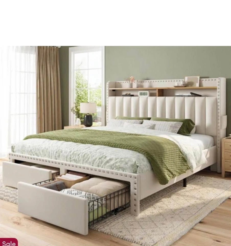 Beige Upholstered Bed Frame & Mattress w/ Storage Headboard - photo 2