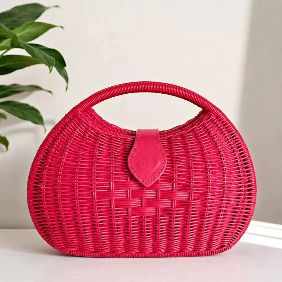 Hot Pink Woven Top Handle Basket Bag