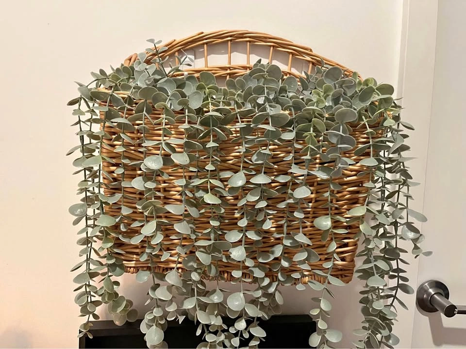 Wicker Hanging Basket with Faux Eucalyptus Plant