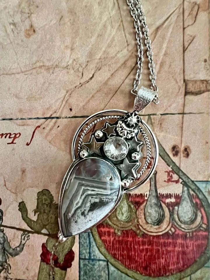 Grey Crazy Agate Necklace — “Morning Star”