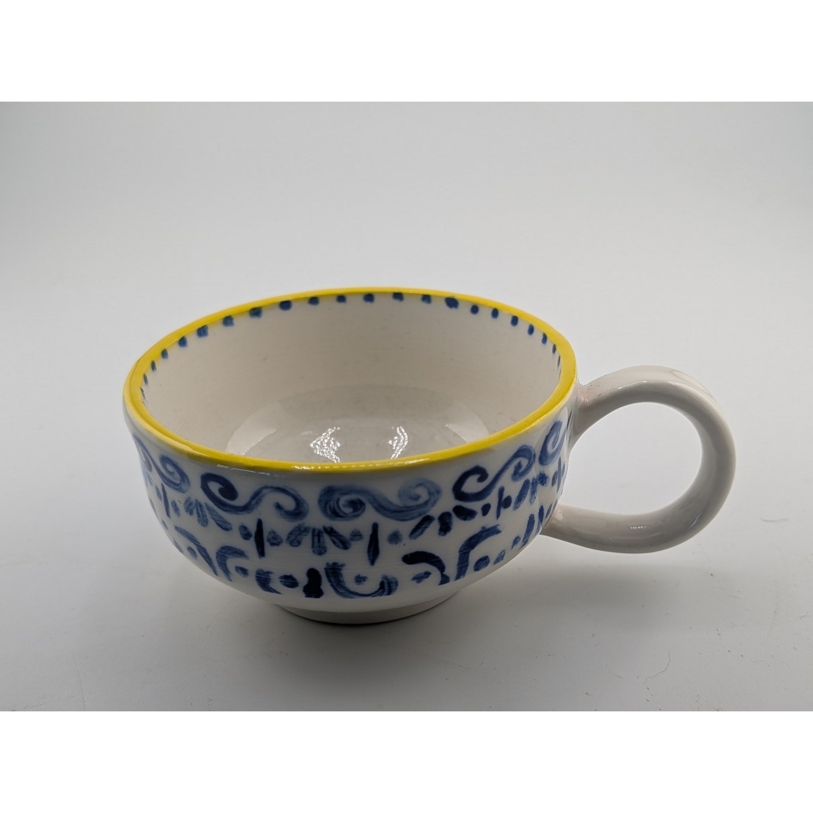 Hand Painted Blue White Ceramic Coffee Cup Yellow Rim Mug