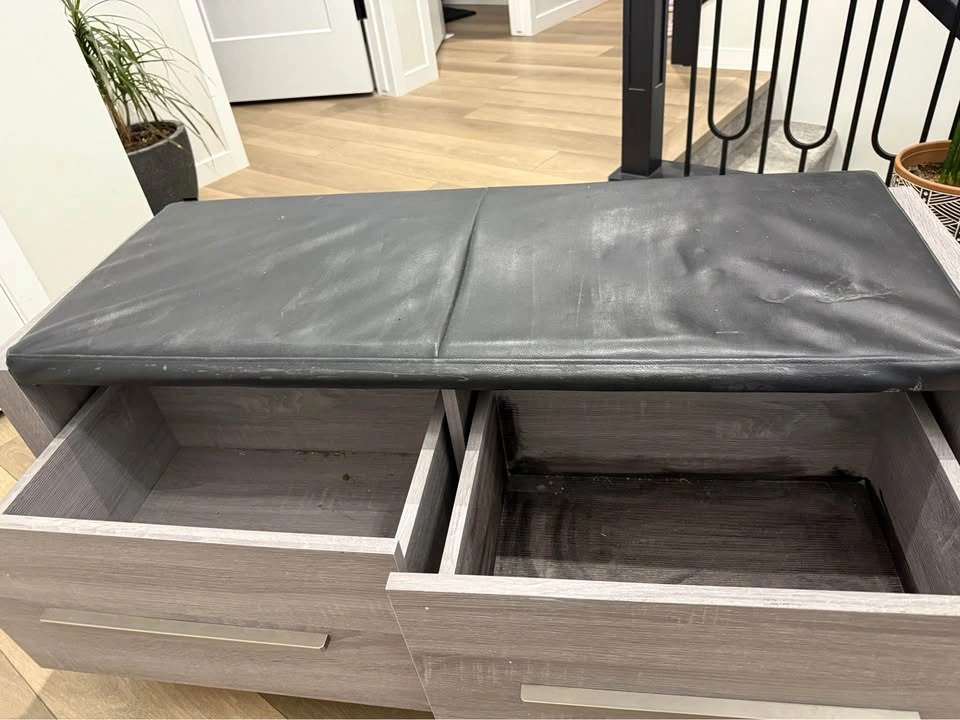 Gray storage bench with drawers and black cushion - photo 2