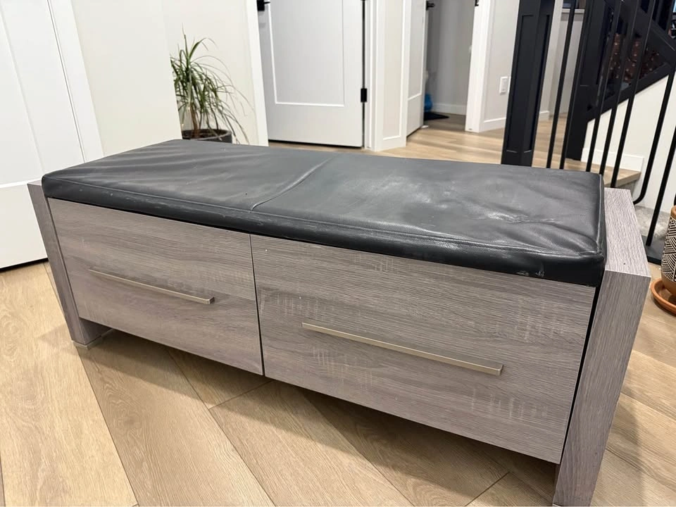 Gray storage bench with drawers and black cushion - photo 3