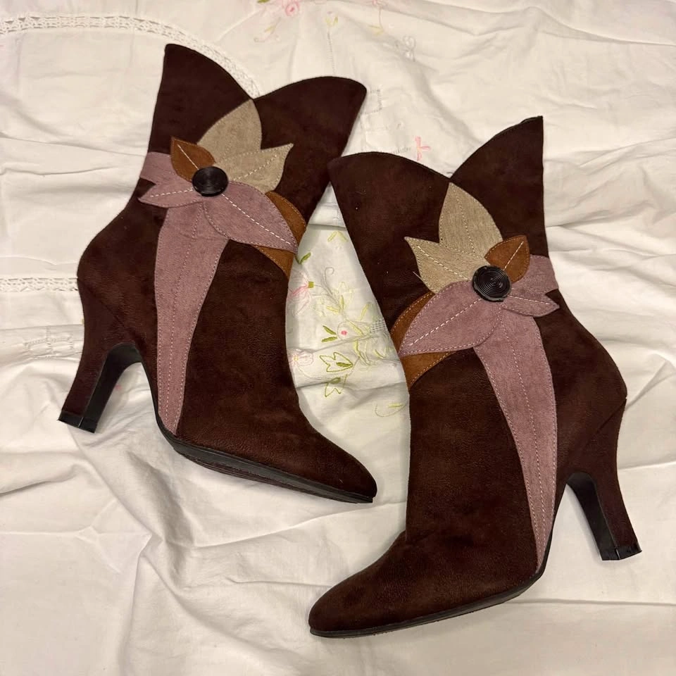 y2k vintage brown patchwork heel boots US6