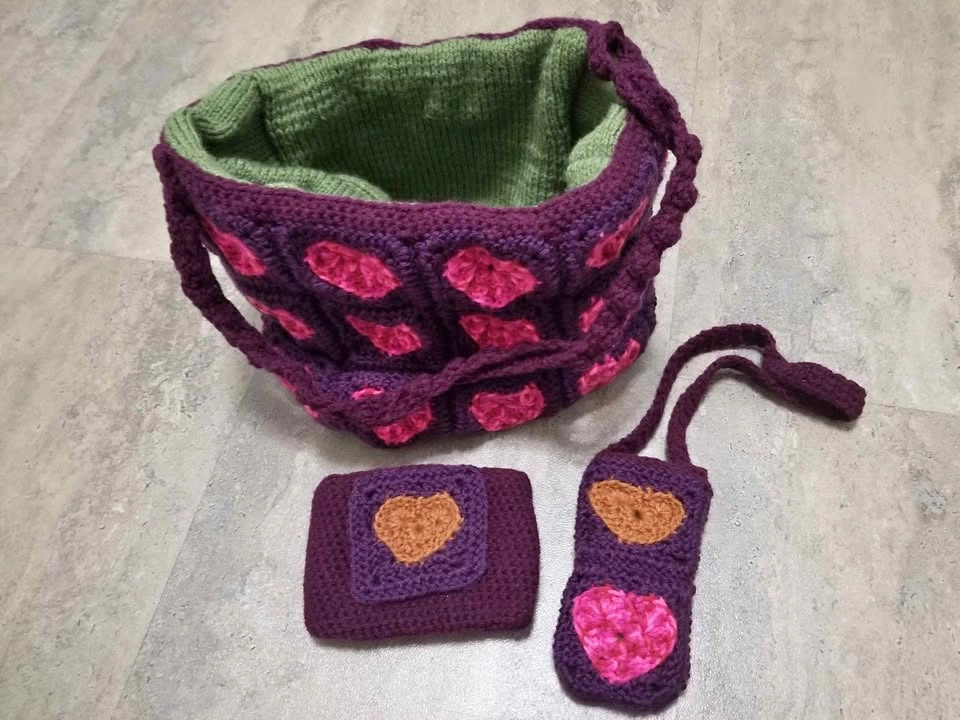 Crochet Heart Granny Square Bag & Pouches
