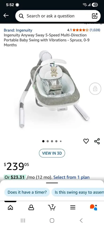 Ingenuity Anyway Sway Baby Swing with Vibrations thumbnail