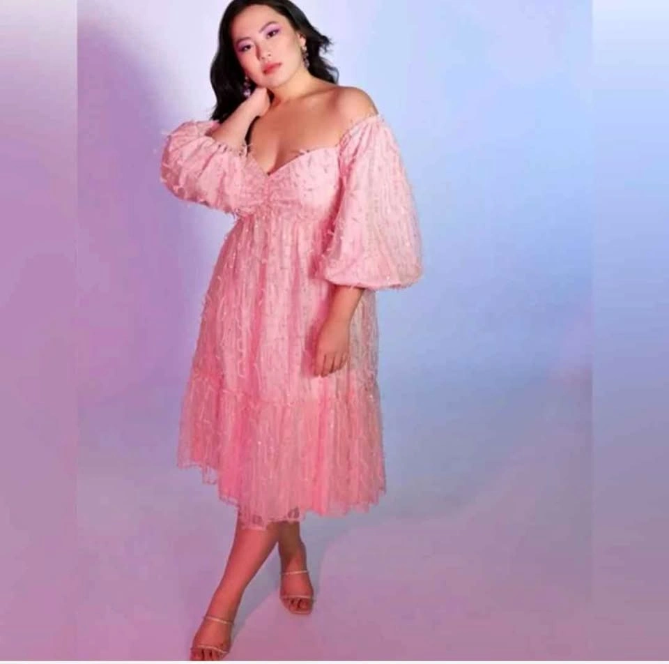 Eloquii Pink off shoulder midi dress