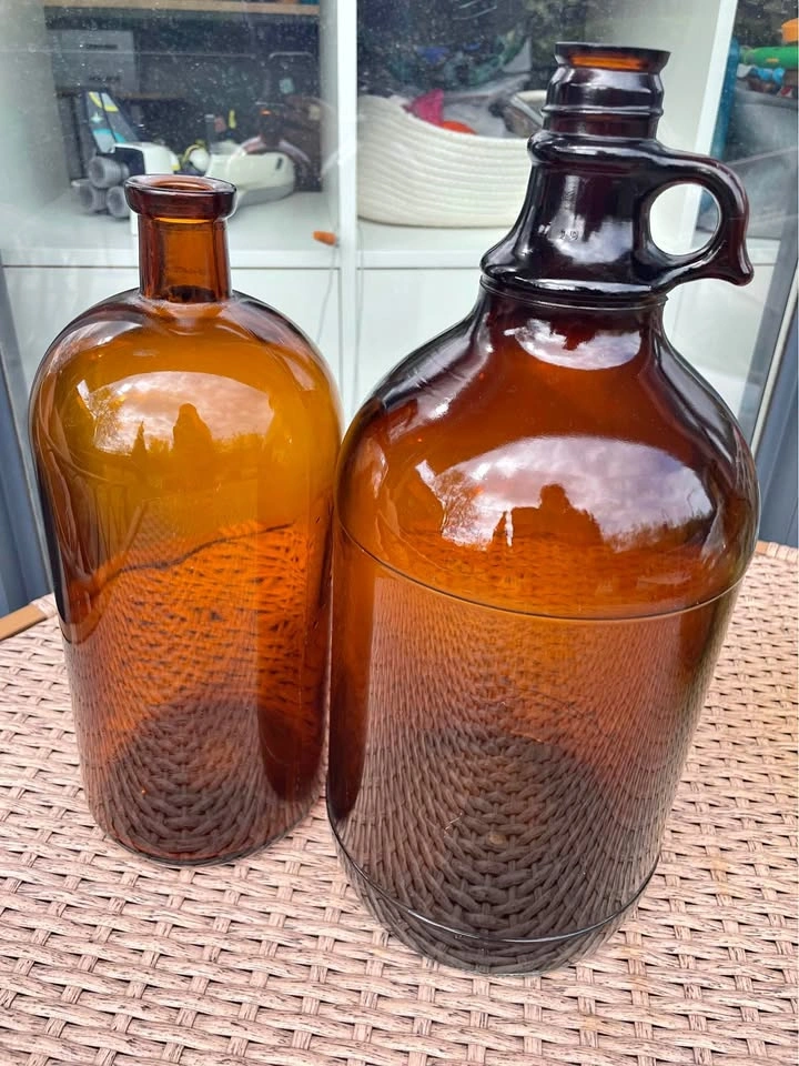 2 Vintage Amber Large Bottles