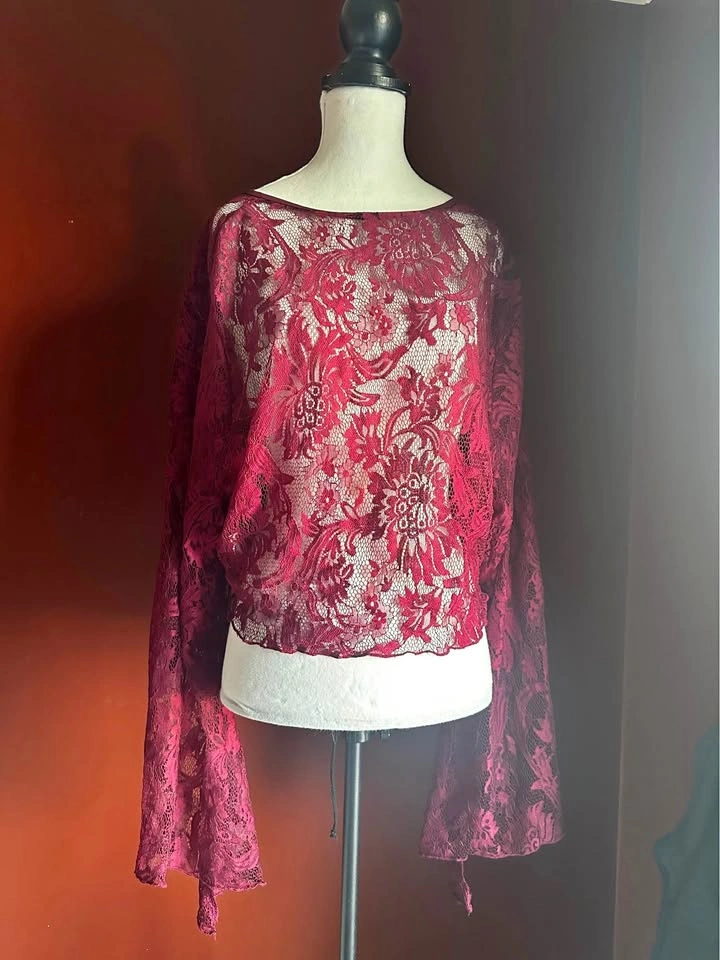 Whimsigoth Y2K Fairy-grunge Lace Crop Top w/ Bell Sleeve and Lac