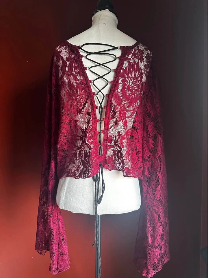 Whimsigoth Y2K Fairy-grunge Lace Crop Top w/ Bell Sleeve and Lac - photo 3