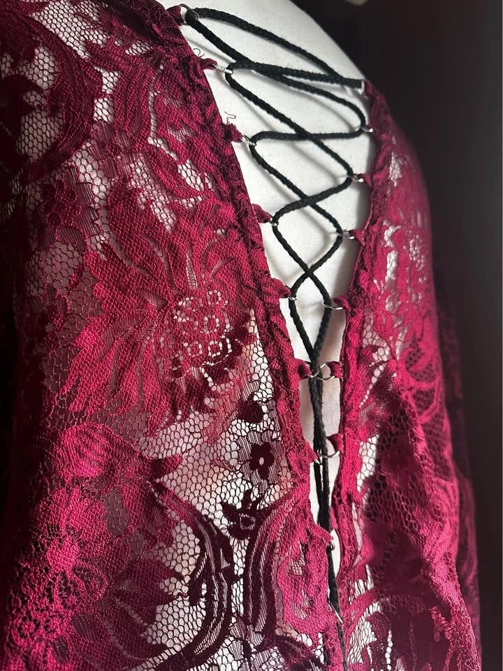 Whimsigoth Y2K Fairy-grunge Lace Crop Top w/ Bell Sleeve and Lac - photo 4