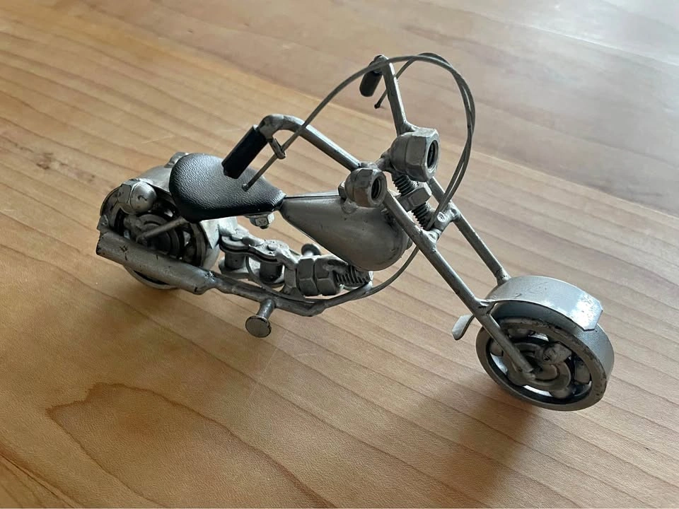 Handcrafted Scrap Metal Chopper Motorcycle Sculpture