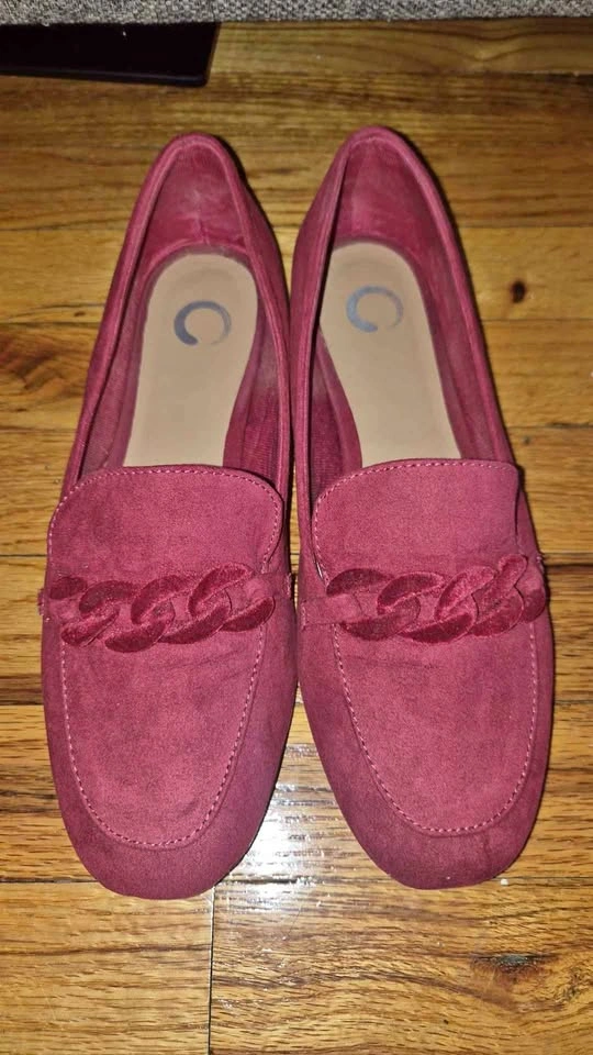 Red suede loafers