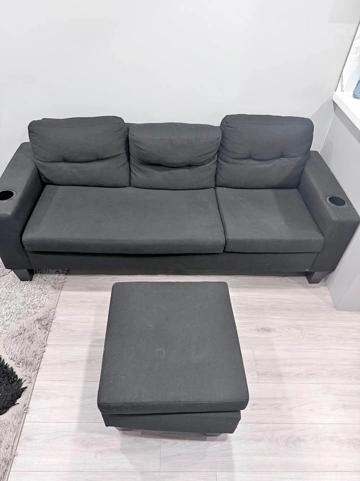 Black 3-Seater Sofa w/ Ottoman & Cupholders