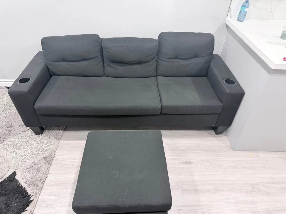 Black 3-Seater Sofa w/ Ottoman & Cupholders - photo 2