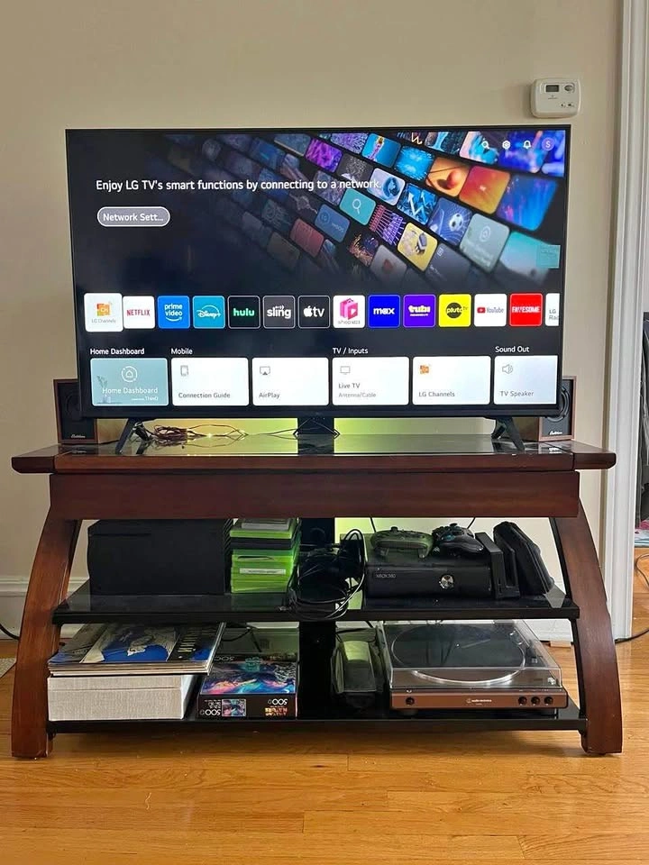 TV Stand with Glass Shelves and Solid Wood Drawer