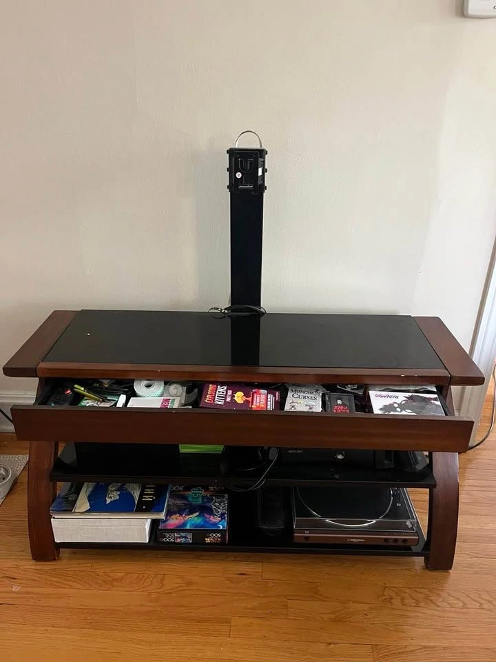 TV Stand with Glass Shelves and Solid Wood Drawer - photo 2