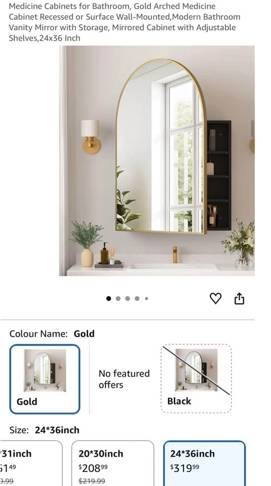 Brand New Gold Arched Bathroom Medicine Cabinet with Mirror – 24 - photo 2