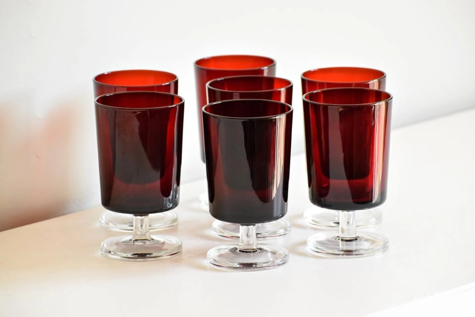 Vintage MCM Ruby Red Wine Glasses - Set of 7
