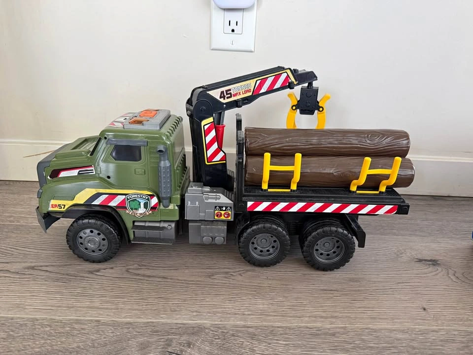 Large toy logging truck with crane