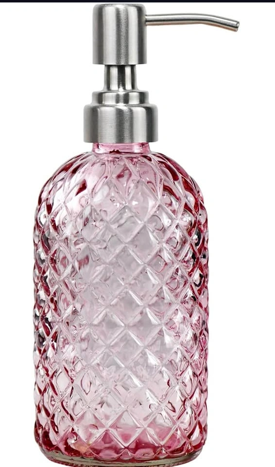 16 oz Diamond Pattern Glass Soap Dispenser (Pink)