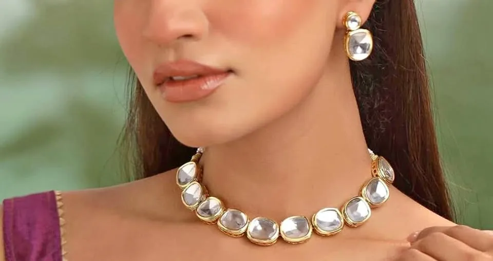 Kundan Necklace Set Gold Plated for Diwali Navratri thumbnail