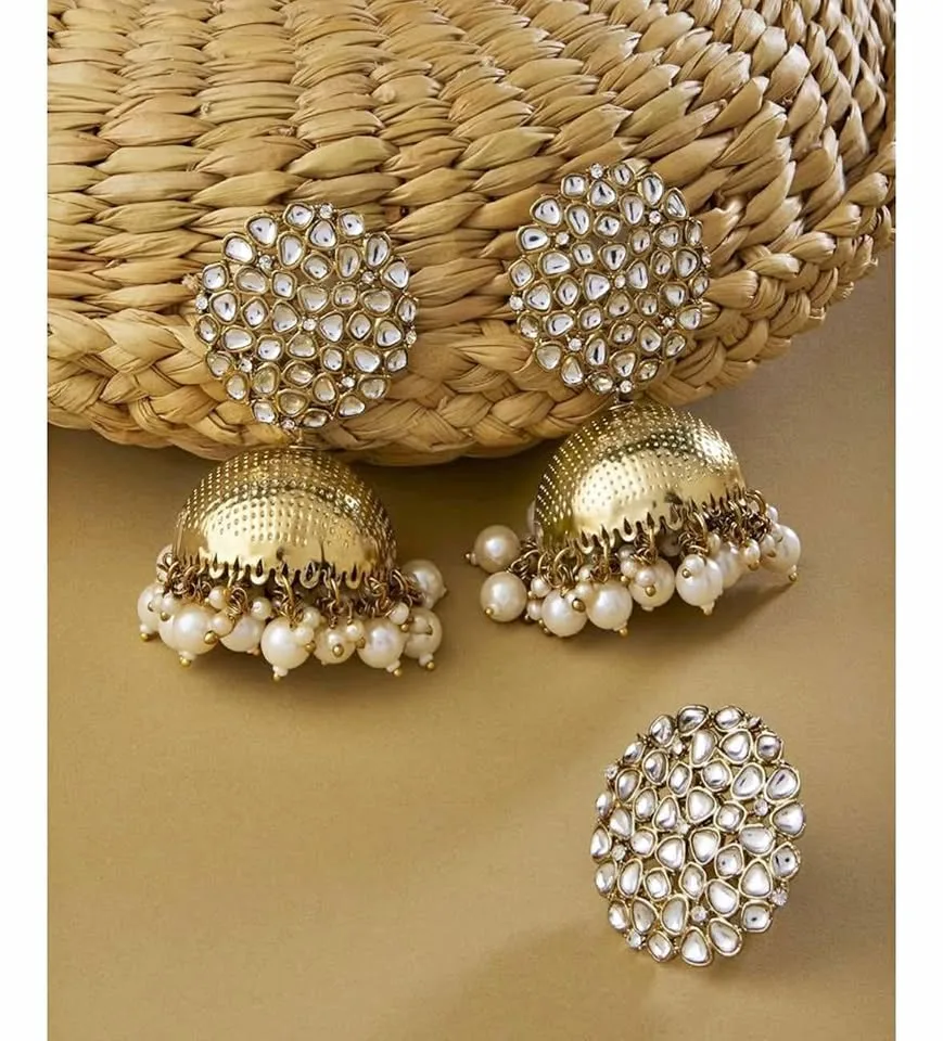 Golden studded jhumkas earrings jewelry with ring thumbnail