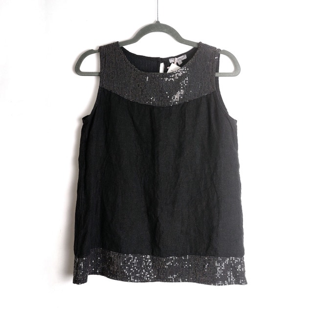 NWT Italian Linen Black Summer Dress Top Sequins Small