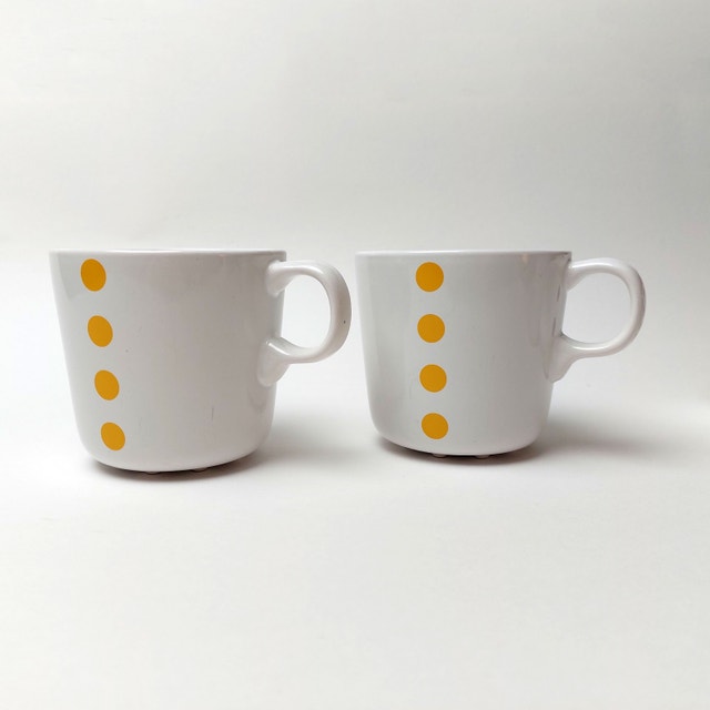 2x IKEA UNGDOM Stackable Coffee Tea Cups Mugs Yellow Polka Dot