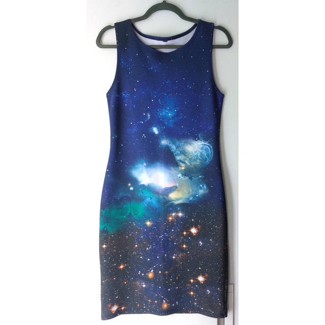 Pullover Dress Galaxy Space Cosmic Graphic Print Blue Knee-Lengt