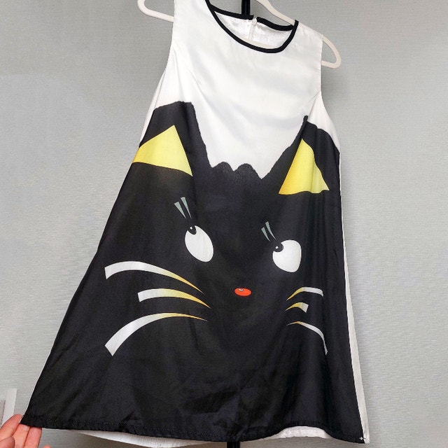 Whimsical Cat Face Print A-Line Summer Mini Dress - Small