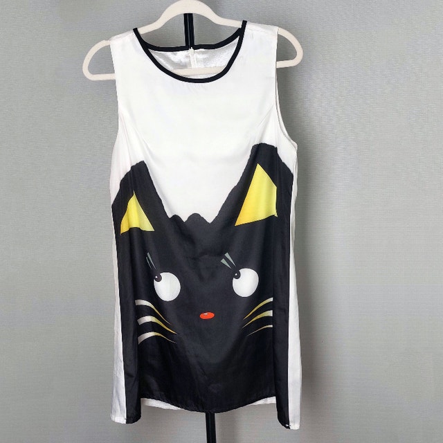 Whimsical Cat Face Print A-Line Summer Mini Dress - Small - photo 2
