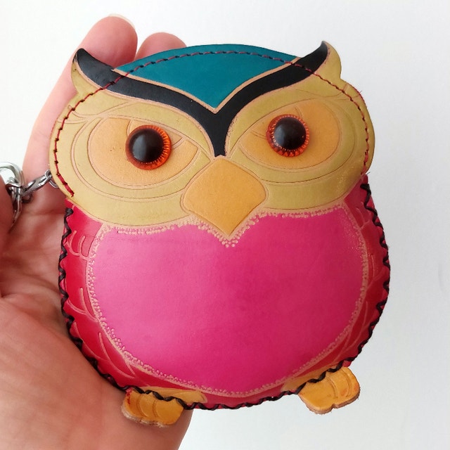 NEW Coin Purse Wallet Key Ring - Owl, Pink and Red