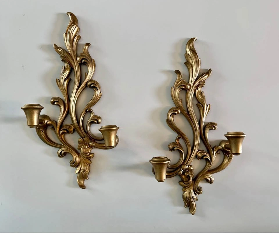 Vintage Syroco Wood Gold Wall Sconces - Pair
