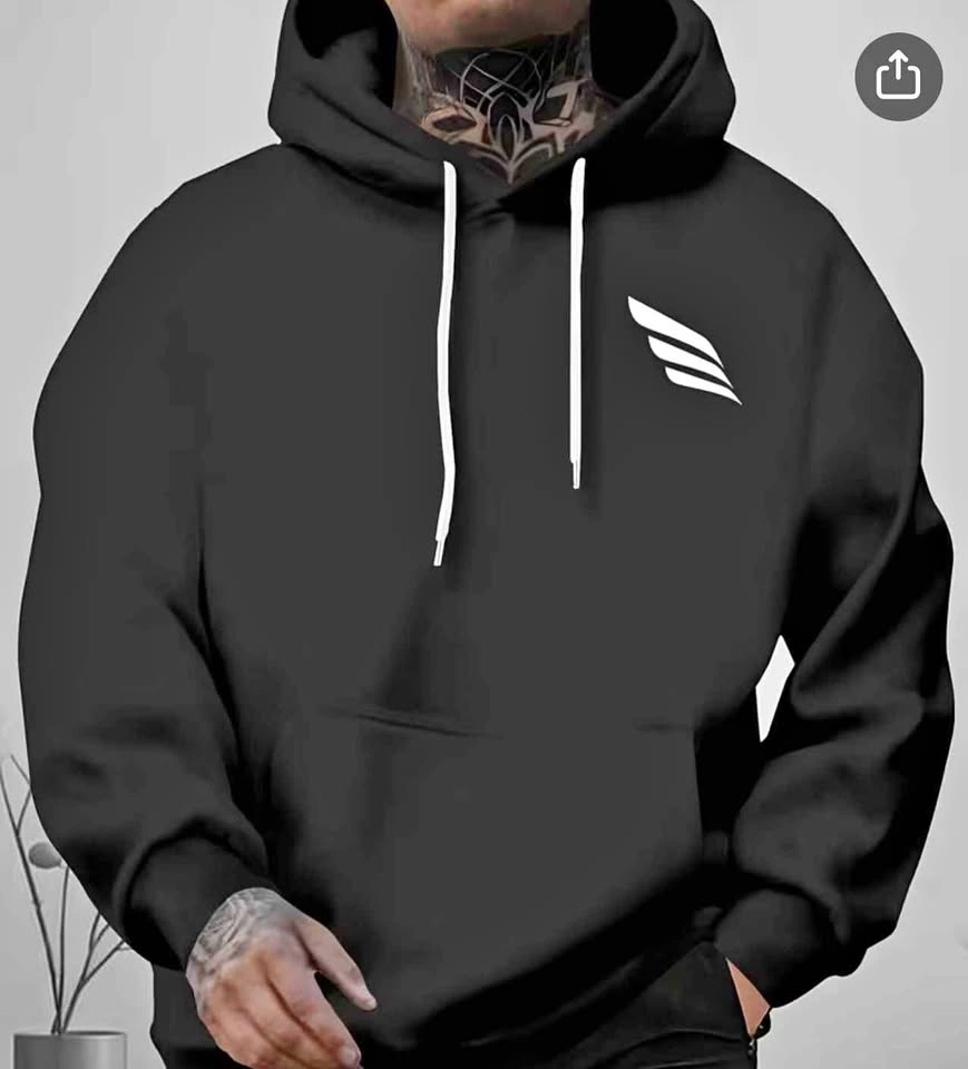 Black pullover hoodie with white logo