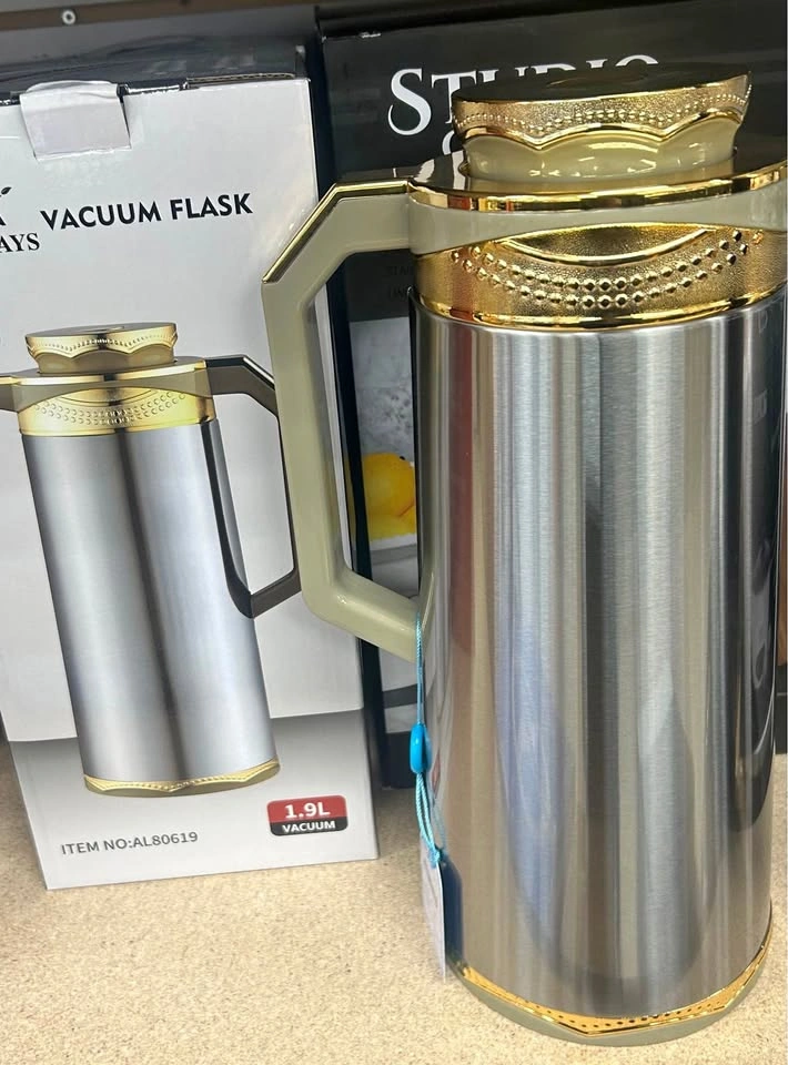 1.9L Stainless Steel Vacuum Flask Thermos Gold Accents