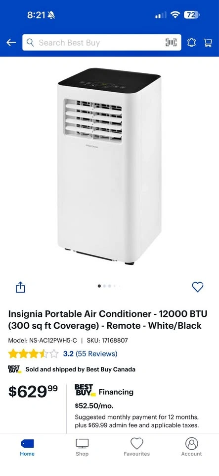 Insignia Portable Air Conditioner 12000 BTU White + Extended war