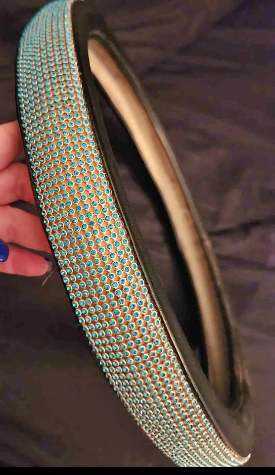 Black Steering Wheel Cover Turquoise Rhinestones