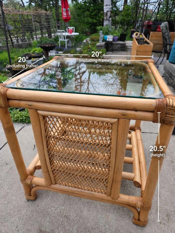 Mid-Century Modern Bamboo & Rattan Accent Table w/ Glass Top