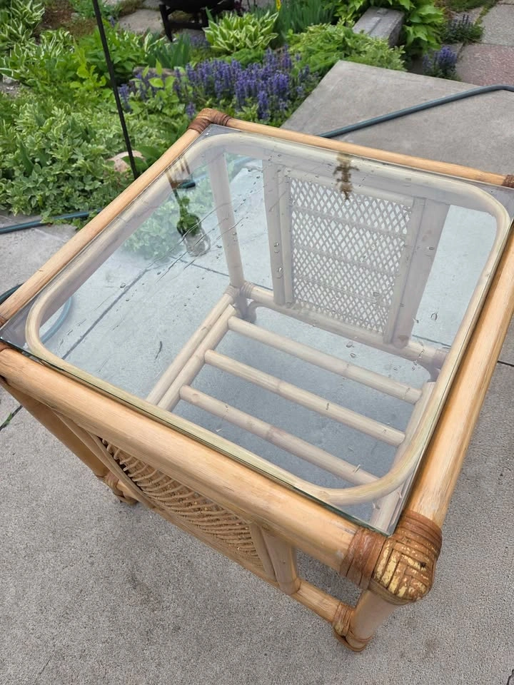 Mid-Century Modern Bamboo & Rattan Accent Table w/ Glass Top - photo 3