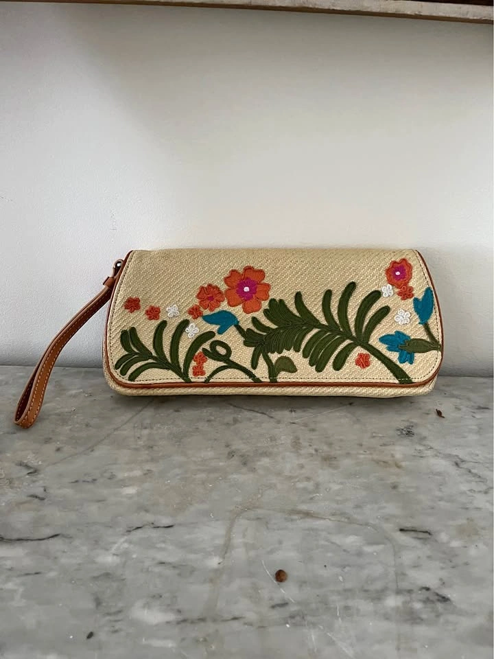 Cole Haan Straw Clutch Purse with Floral Embroidery Accents