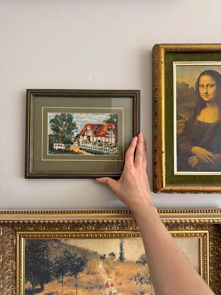 Vintage Framed Needlepoint Art - Cottage House Scene thumbnail