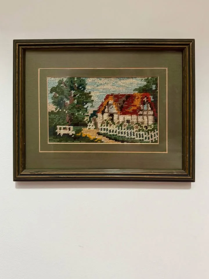 Vintage Framed Needlepoint Art - Cottage House Scene image indicator(2)